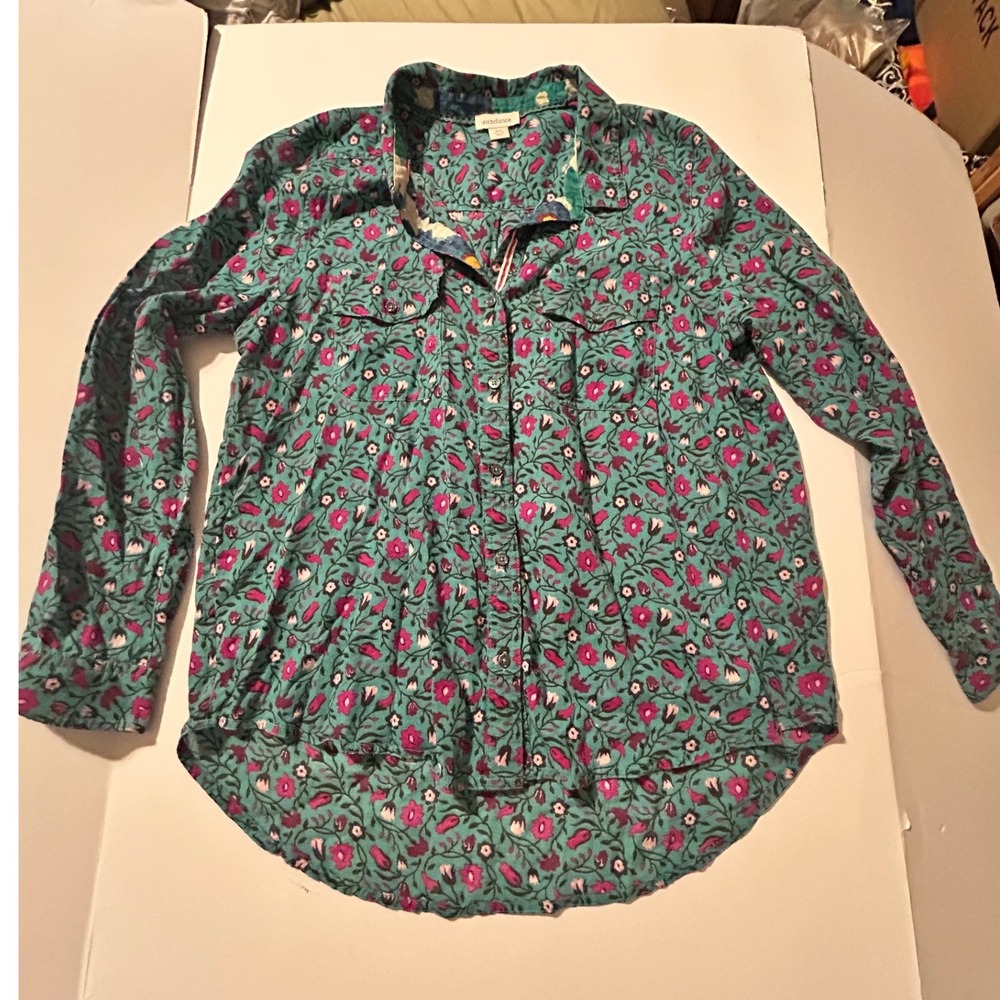 Sundance Teal Floral Cotton Button Down Shirt Petite Medium PM Long Sleeve Boho